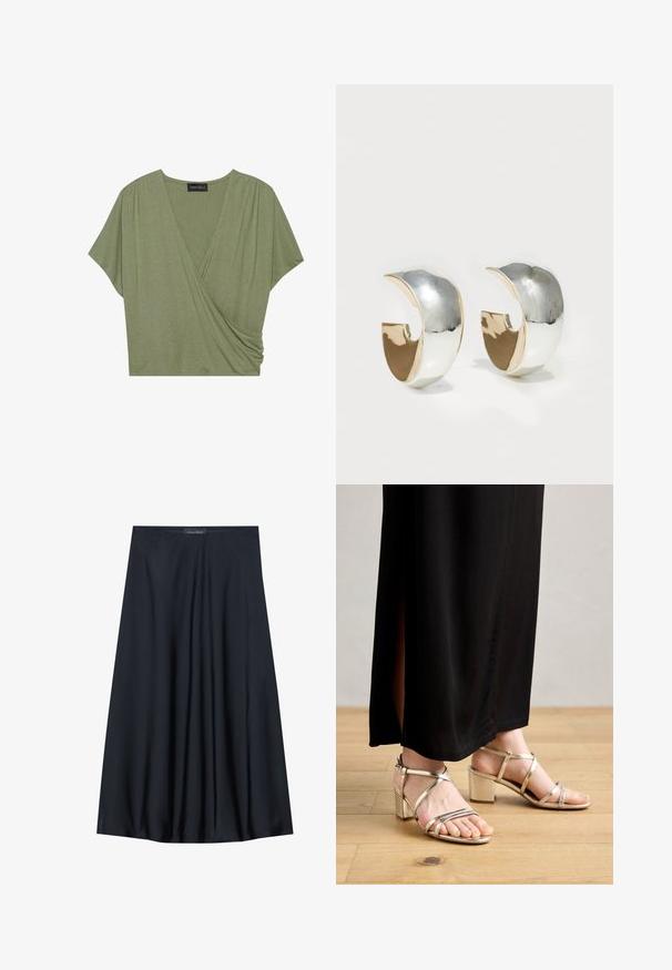 Haut en olive à manches courtes, en tissu léger et doux, avec un décolleté en V et des détails froncés sur les côtés.; Jupe noire, arrivant aux genoux, en tissu léger avec un design fluide. Présente une texture lisse et de subtils plis pour un détail supplémentaire.; Talons dorés à brides avec un talon carré, présentant une finition métallique, une bride de cheville et un design ouvert. Associés à une jupe maxi noire.; Uncommon Matters SCULPTED CREOLE - Boucles d'oreilles - silver-coloured/gold-coloured