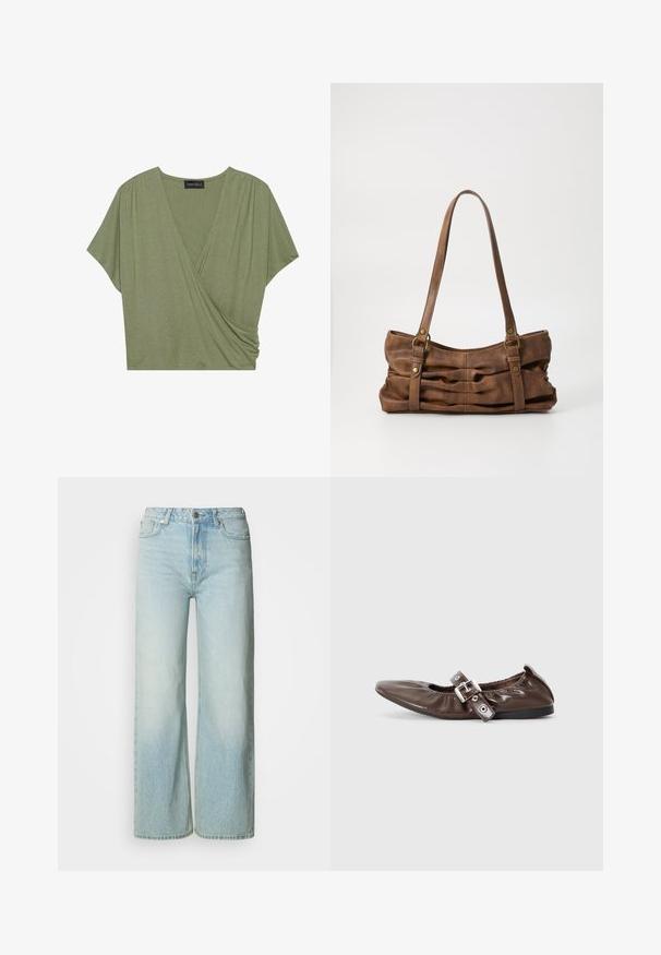 Haut en olive à manches courtes, en tissu léger et doux, avec un décolleté en V et des détails froncés sur les côtés.; Jean large en denim bleu clair avec un effet délavé, design à cinq poches et fermeture par bouton en métal à la taille. Coupe droite et épurée.; Chaussure plate en cuir verni marron avec un bout pointu, un détail de nœud élastiqué et une accent en boucle en argent sur le côté. Semelle en caoutchouc noir.; Even&Odd Sac à main - brown