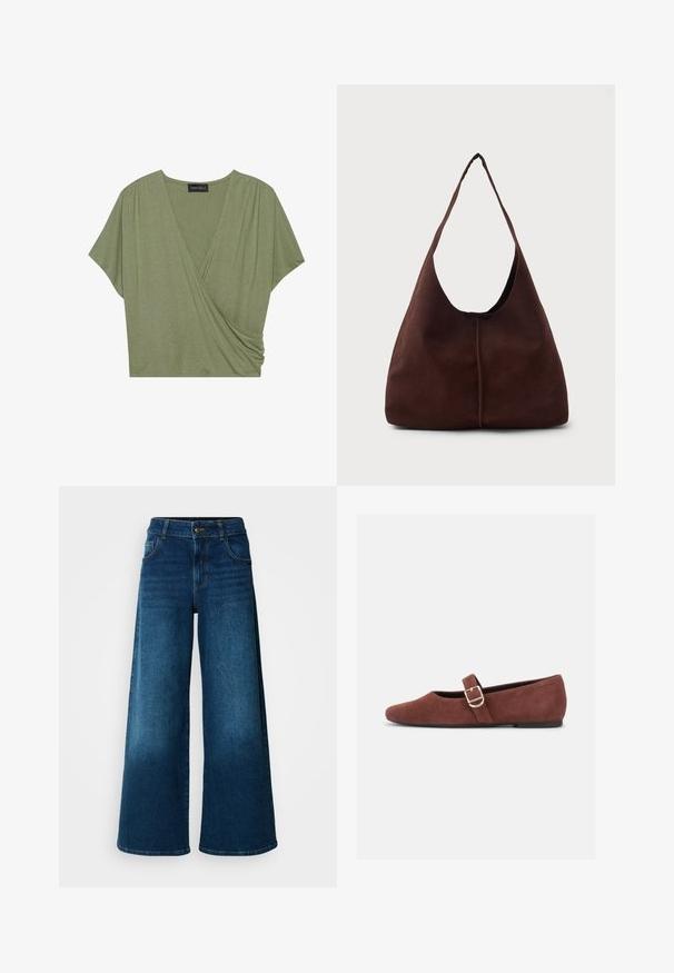 Haut en olive à manches courtes, en tissu léger et doux, avec un décolleté en V et des détails froncés sur les côtés.; Jean large en denim bleu foncé. Doté d'une taille haute, d'une fermeture à bouton et d'un design classique à cinq poches avec une légère décoloration.; Chaussure plate Mary Jane en suède marron avec une bride à boucle dorée et une semelle noire sur fond blanc.; Sac hobo en daim marron avec une grande ouverture courbée et une large bandoulière. Présente une couture centrée à l'avant. Texture lisse.