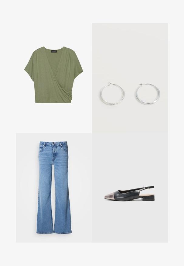Korte mouwen, olijfgroene wikkeltop gemaakt van zachte, lichte stof met een V-hals en geplooide zijdetails.; Lichtblauwe jeans met wijde pijpen, gemaakt van denim. Voorzien van een klassiek ontwerp met vijf zakken en een zichtbare knoopsluiting. Zachte textuur en een eenvoudige afwerking.; Slingback schoenen met een zwarte leren bovenkant, een metallic rosegouden puntige neus en een lage blokhak. Gladde textuur met een gebogen ontwerp.; Zilverkleurige metalen creolen oorbellen met een glad, licht gebogen oppervlak en sluitingen met haaksluiting op een effen witte achtergrond.