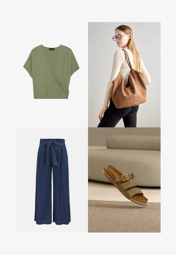 Haut en olive à manches courtes, en tissu léger et doux, avec un décolleté en V et des détails froncés sur les côtés.; Pantalon bleu marine taille haute à jambes larges, avec un devant plissé et une ceinture en tissu nouée à la taille.; Sandale en daim marron avec double lanières et boucle dorée flottant au-dessus d'un tapis beige dans une pièce aux tons neutres.; Sac fourre-tout en daim marron avec une texture douce, grande ouverture et longues sangles. Présente un design simple avec des coutures visibles et sans matériel.