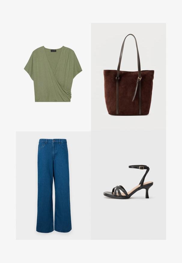 Korte mouwen, olijfgroene wikkeltop gemaakt van zachte, lichte stof met een V-hals en geplooide zijdetails.; Blauwe denim jeans met wijde pijpen, voorzien van knoop- en ritssluiting, voorzakken en lussen voor een riem, weergegeven op een lichtgrijze achtergrond.; Zwarte sandalen met hakken, voorzien van meerdere dunne banden over de tenen, een enkele enkelband met een gouden gesp en een vierkante neus.; Donkerbruine suède tas met lange smalle leren handvatten en een kleine leren kwast op een gladde achtergrond.