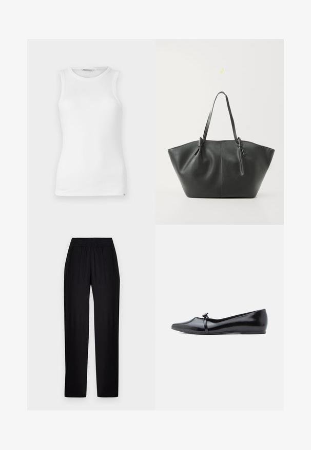 Débardeur blanc sans manches en tissu côtelé, avec un col rond, une texture lisse et une petite étiquette de marque sur la couture latérale inférieure.; Pantalon noir droit avec une ceinture élastique et des poches latérales, présenté sur un fond clair uni.; Ballerine en cuir verni noir avec bout pointu, bride décorative et texture lisse. Design minimaliste sans accents visibles.; Vero Moda VMDITTA - Cabas - black