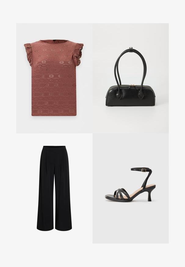 Blouse sans manches rose poudré avec motif en dentelle ajourée et épaules volantées.; Pantalon noir à jambes larges avec taille haute et plis à l'avant, conçu pour une coupe ample et fluide.; Sandales à talons noirs avec plusieurs fines lanières sur le bout, une seule lanière à la cheville avec une boucle dorée, et un bout carré.; Sac à main en cuir noir avec deux anses allongées, fermeture éclair et forme arrondie ; texture lisse avec une finition légèrement brillante.