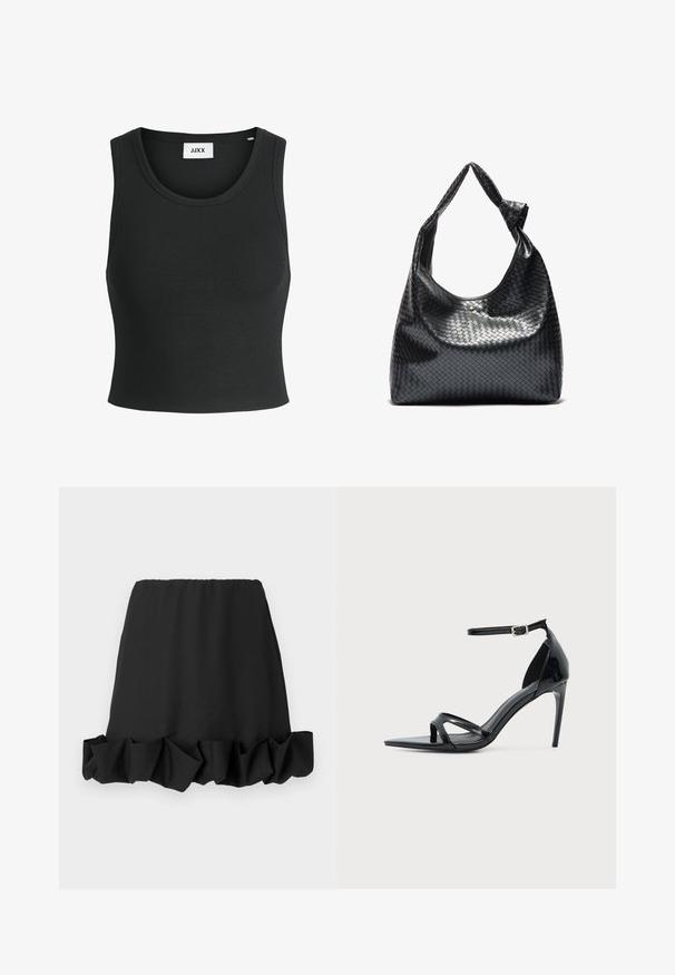 Sort ribbet tanktop med rund halsudskæring og ærmeløs design; lavet af et blødt, strækbart stof for komfort og pasform.; Sort nederdel med en volangnederste kant, lavet af letvægtsstof. Har en elastisk talje for en behagelig pasform. Enkel og alsidig design.; Sort laklædersandal med høje hæle, tynd ankelrem, åben tå og minimalistisk design på en ensfarvet lys baggrund.; Sort vævet lædertaske med en afslappet design, der har et knyttet rem og en lille dekorativ guldstud foran.