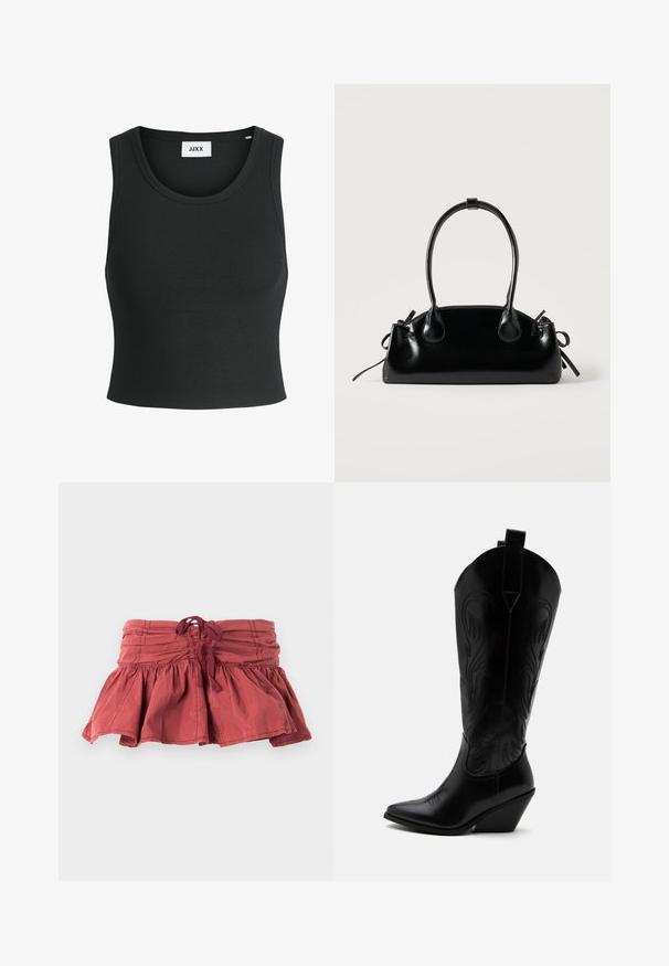 Sort ribbet tanktop med rund halsudskæring og ærmeløs design; lavet af et blødt, strækbart stof for komfort og pasform.; Rød mini nederdel med samlede kanter og en bindebånd i taljen, med en udvidet design og tekstureret stof. Glat finish med let rynke detaljer.; Sort læder cowboystøvle med spidst tåparti, skråt blokhælhæl, dekorative sømme og trækstropper øverst mod hvid baggrund.; Lille sort blank håndtaske med to lange håndtag og snøre-detaljer i siden på en ensfarvet lys baggrund.