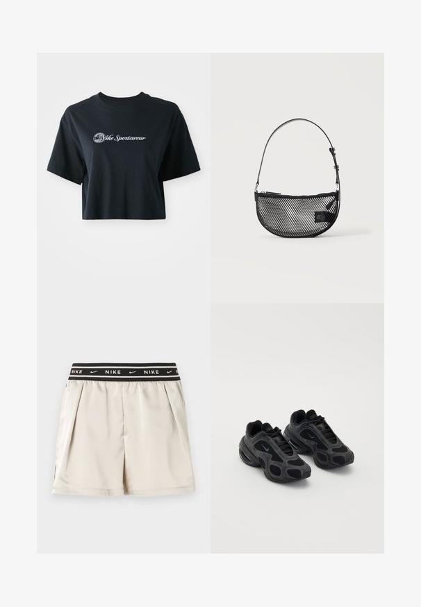 Mustat puuvillaiset t-paidat, joissa on lyhyet hihat, etupuolella valkoiset tekstit "Vice Sportswear" ja ympyräkuvio.; Vaaleanbeiget Nike-shortsit, joissa musta joustava vyötärönauha, valkoinen Nike-logo ja swoosh-kuviot, esitetty yksinkertaisella taustalla.; Mustat Nike-tossut, joissa on verkko- ja nahkapaneelit, ainutlaatuiset leikkuureiät ja pehmustetut kaulaosat. Kiiltävät yksityiskohdat sivuilla korostavat modernia muotoilua.; Mustasta verkosta valmistettu puolikuun muotoinen käsilaukku, jossa on lyhyt säädettävä nahkahihna ja vetoketjusuljin, yksinkertaisella vaalealla taustalla.