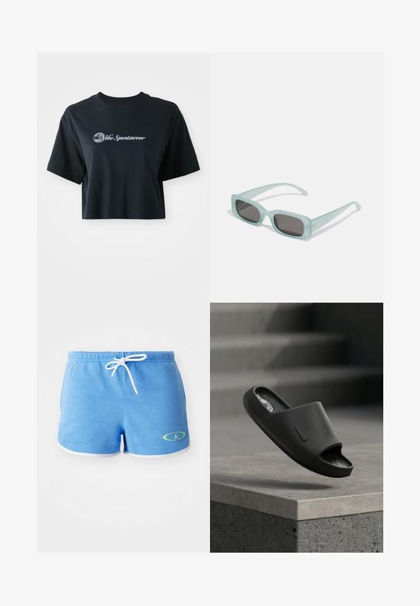 Gekürztes schwarzes Baumwoll-T-Shirt mit kurzen Ärmeln, das weißen Text "Vice Sportswear" und eine runde Grafik auf der Vorderseite zeigt.; Hellblaue Baumwollshorts mit einem weißen Kordelzug, ausgestattet mit weißen Akzenten und einem grün akzentuierten Logo auf der unteren linken Seite.; Schwarze Slide-Pantoffel aus glattem Gummi. Offenes Zehendesign mit einem Logo an der Seite und strukturiertem Sohlenprofil für besseren Halt. Leicht und minimalistisch in der Form.; Ein Paar rechteckige Sonnenbrillen mit lichtblauen, halbtransparenten Rahmen und dunkelgrauen Gläsern, ausgestattet mit geraden Bügeln und minimalen Hardware-Details.
