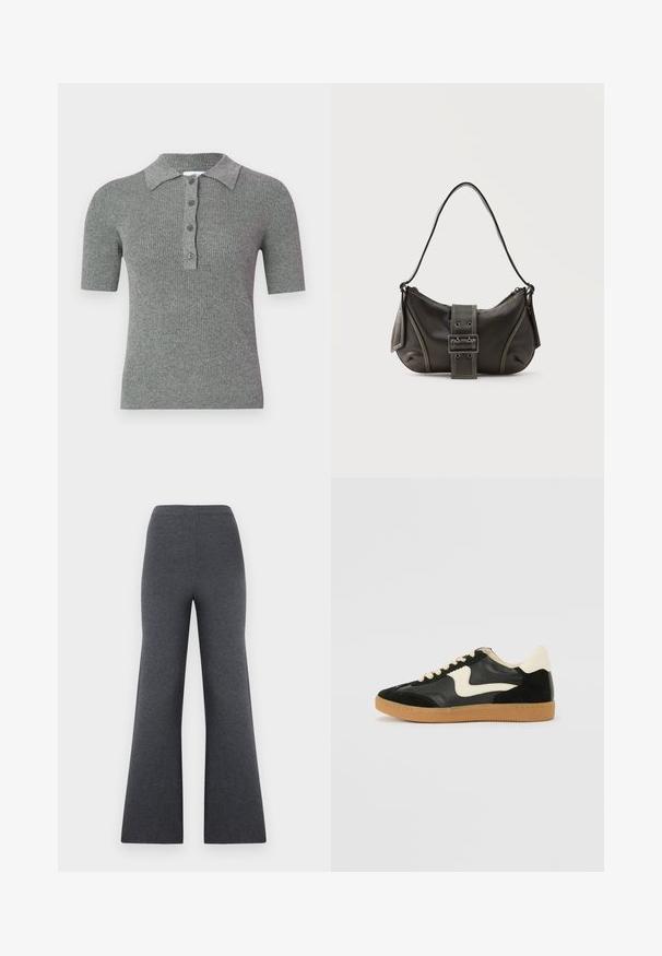 Polo gris côtelé avec un col à revers, des manches courtes et une patte de boutonnage à trois boutons. Fabriqué en tissu tricoté texturé.; Pantalon en maille gris foncé taille haute à jambes larges, avec une texture lisse, présenté sur un fond blanc.; Baskets en daim et cuir noir avec un swoosh latéral crème et un talon crème clair. Dotées de lacets beige et d'une semelle en caoutchouc gomme.; Sac à épaule en cuir noir avec une sangle à boucle, des bords arrondis et des coutures blanches contrastées sur un fond uni.