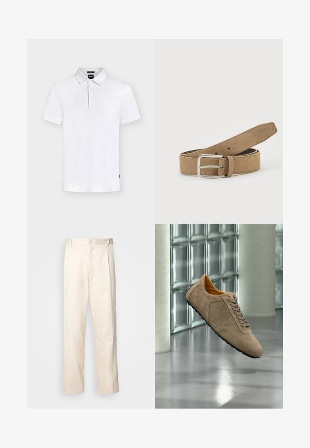 Polo blanco de manga corta con cuello y tres botones, con un sutil logo "BOSS" en el pecho y una pequeña etiqueta en el lateral.; Pantalones de algodón beige con corte recto, que cuentan con un cierre de botón y pliegues en la parte frontal para un detalle adicional.; Zapatilla deportiva de ante marrón claro con cordones, suela negra y logo "BOSS", presentada frente a una pared reflectante de bloques de vidrio y suelo liso.; Cinturón de ante marrón claro con hebilla de metal plateado, enrollado y colocado sobre una superficie blanca.