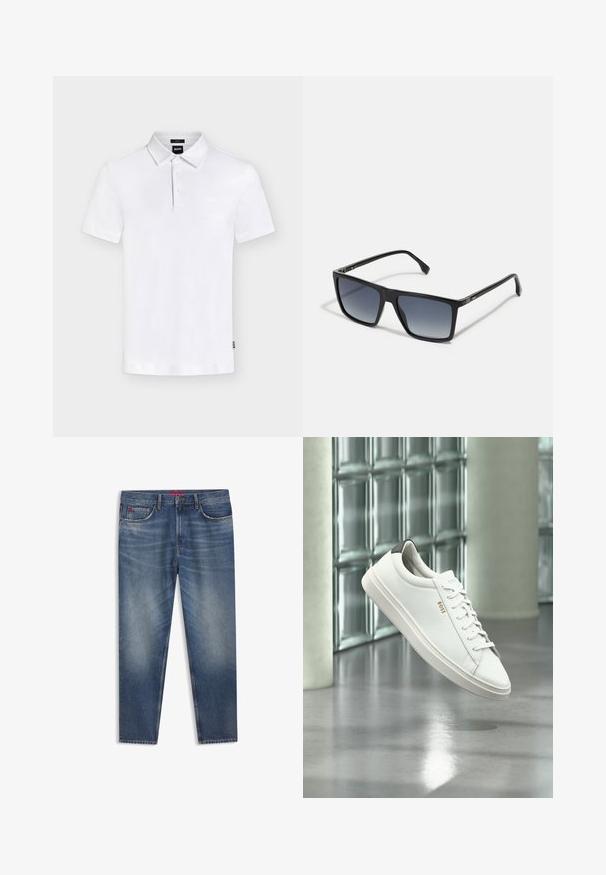 Hvid kortærmet polo med krave og tre knapper, med subtilt "BOSS" logo på brystet og lille mærkat i siden.; Blå denimjeans med klassisk design, med knaplukning, fem lommer og subtil falmning. Straight leg-cut, medium vask.; Hvid læder lav-top sneaker med snørebånd, sort hælflig og "BOSS"-logo, svævende indendørs nær glasblok væg og poleret gulv.; Sorte rektangulære solbriller med gradientlinser fra mørk til lys. Plastikrammer med strømlinet design og minimal hardwaredetalje på siderne.