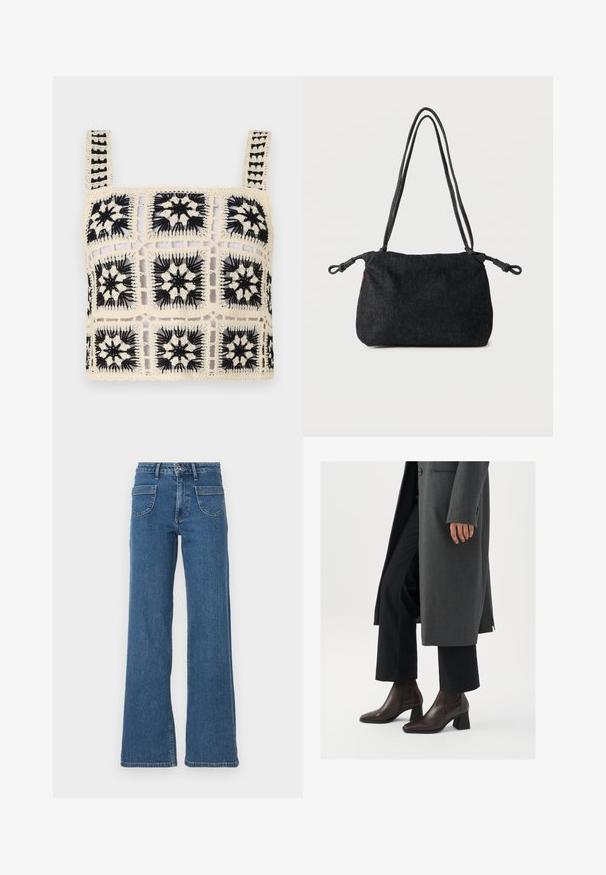 Gehaakte crop top met een roomkleurige basis en zwarte bloemige borduursels, vierkante motieven en verstelbare schouderbandjes. Het opengewerkte ontwerp voegt textuur toe.; Blauwe denim wijde jeans met een hoge taille, vijf zakken, sluiting met een knop aan de voorkant en een licht vervaagde afwerking. Gestikte zomen en naden zijn zichtbaar.; Hogehakige enkellaarsjes van donkerbruin leer met een spitse neus en blokhak, gecombineerd met zwarte broeken en een grijze jas.; Zwarte denim schoudertas met dubbele koordbandjes en geknoopte uiteinden aan beide zijden, afgebeeld tegen een effen witte achtergrond.