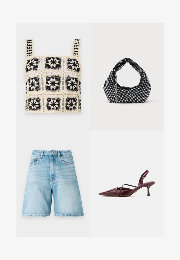 Hæklet crop top med en cremefarvet base og sort blomsterbroderi, firkantede motiver og justerbare stropper. Den åbne vævning tilføjer tekstur.; Lyseblå denimshorts med afslappet pasform, der har fem lommer, bæltestropper og en falmet tekstur. Kanten er lige og syet.; Bourgogne patentlæder slingback højhælede sko med spids tå, dekorative stropper og guldfarvede detaljer. 5 cm hælhøjde.; Sort mesh håndtaske prydet med sølvnitter, udstyret med et buet håndtag og en kædetraspe. Blød tekstur med en rund form.