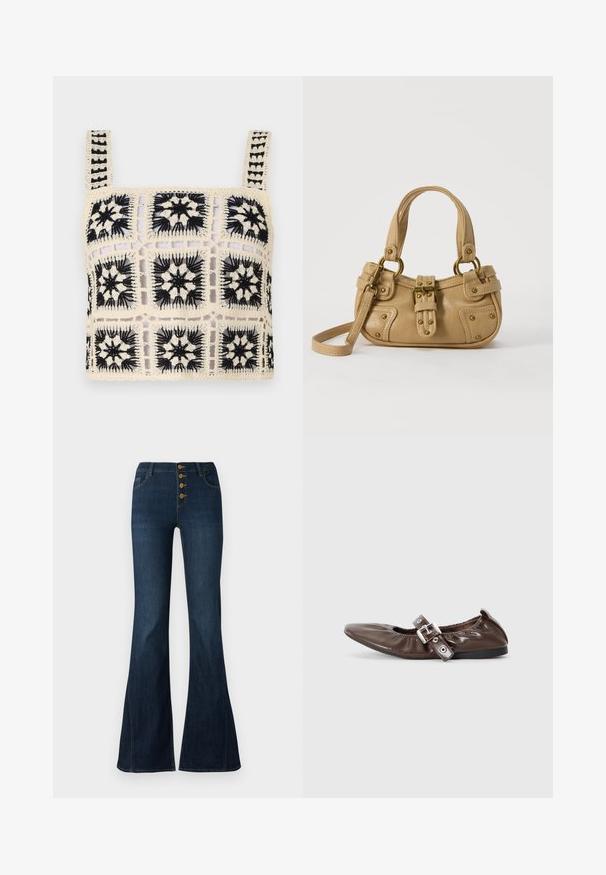 Hæklet crop top med en cremefarvet base og sort blomsterbroderi, firkantede motiver og justerbare stropper. Den åbne vævning tilføjer tekstur.; Mørkeblå højtaljede jeans med flagrende ben og fire synlige brune knapper foran lynlåsen mod en hvid baggrund.; Brun lakeret flad sko med spids tå, elastisk sløjfedetalje og en sølvspændeaccent på siden. Sort gummisål.; Beige læderhåndtaske med dobbelte håndtag, messing spænde og nitte detaljer samt en justerbar skulderrem mod en hvid baggrund.