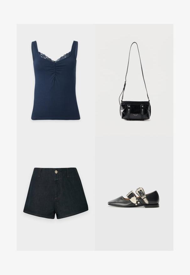 Navy blue sleeveless women's top with lace trim neckline and gathered detail at the center front.; Dark denim shorts with a high waist, front button closure, and contrasting orange stitching. Standard pockets at the front and back.; Black leather flat shoe with pointed toe, silver buckle accents, and decorative rivets. Features a low heel and smooth texture.; Black leather shoulder bag with adjustable strap, two front vertical zippers, and a small metallic wing emblem below the zippers.