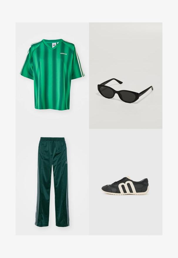 Rohelist triibulist lühikeste varrukatega T-särki, millel on V-kaelus ja Adidas logo. Disainitud valgete kontrastsete külgtriipudega ning valmistatud siledast, kergest kangast.; Tumedad roheline sportpants, mis on valmistatud läikivast materjalist, külgedel on heledates hallides triipudes ja vasakul jalal on broderdatud logo.; Mustad muste jalats, millel on sile kangas ülemine osa, julge valge logo küljel, tekstureeritud detailid ja valge kummist tald.; Mustad mustaga paari prille kitsaste kassi-silmadega. Valmistatud siledast plastikust, tumedate läätsede ja peente logode aktsentidega templitel.
