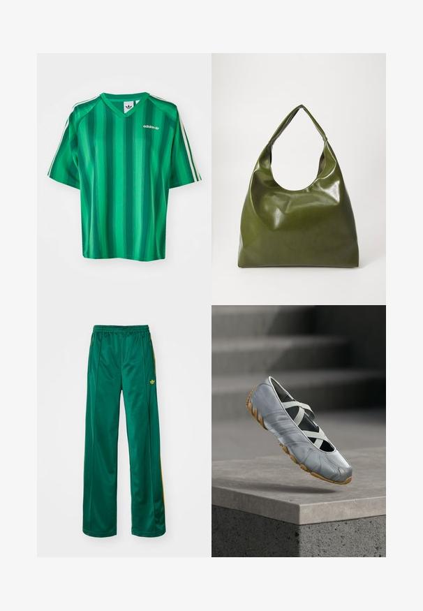 Zelené pruhované tričko s krátkym rukávom, výstrihom do V a logom Adidas. Má kontrastné biele bočné pruhy a hladkú, ľahkú tkaninu.; Zelené saténové športové nohavice s voľným strihom, s žltými pruhmi a vyšitým logom na ľavej strane. Elastický pás.; Svetlošedá bežná obuv s prekríženými elastickými pásikmi a štruktúrovanou hnedou podrážkou, umiestnená nad betónovým okrajom so schodmi v pozadí.; Zelená kožená hobo taška so uvoľneným dizajnom, zakriveným držadlom a hladkým povrchom. Neobsahuje žiadne viditeľné kovania ani akcenty.