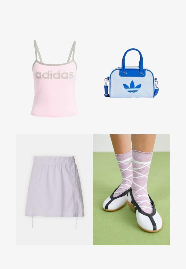Top sin mangas rosa claro con ribete gris y tirantes ajustables, que presenta un gran logo gris de "adidas" centrado. Material de algodón.; Falda de lavanda clara con cintura elástica, lados con cremallera y textura suave. Presenta líneas limpias y sin patrones o adornos visibles.; Piernas con calcetines lavanda acanalados con tiras blancas cruzadas combinados con bailarinas blancas con ribete negro sobre un suelo verde.; Bolso azul y blanco con acabado brillante, que cuenta con dos asas azules, una correa de hombro desmontable y un prominente logo azul en la parte frontal.