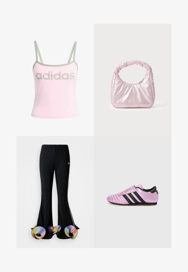 Hele roosa tank top hallide ääred ja reguleeritavad spagett-rihmad, millel on suur keskel hall "adidas" logo. Puuvillane materjal.; Mustad mustad spordipüksid laia flare-disainiga. Omavad värvilisi, ripsmetega alumisi servi ja valgeid külgtriibe. Valmistatud venivast kangast.; adidas Originals TAEKWONDO W - Tossud - purple bliss/lilac/core black; Roosa, polsterdatud käekott ümmarguse disainiga, valmistatud läikivast materjalist. Omab kogutud käepidet ja lukuga sulgemist, et tagada turvaline ligipääs.