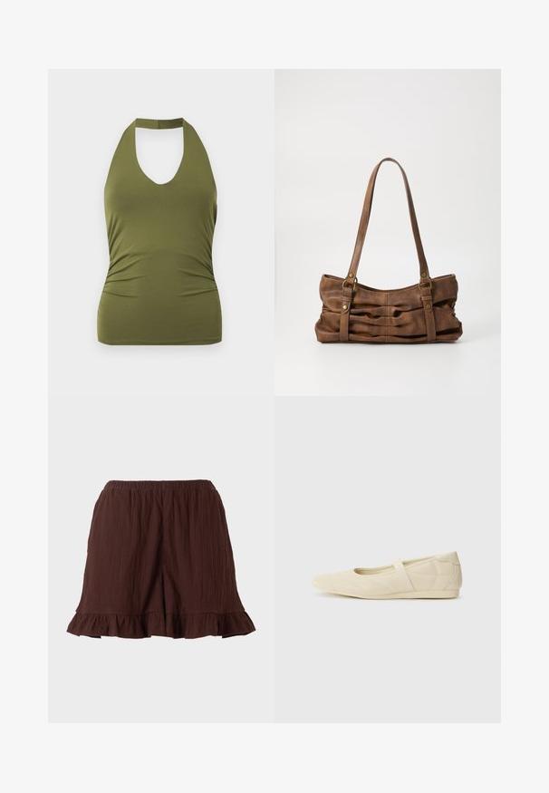Haut dos nu vert olive avec un décolleté en V profond et une taille ajustée, présenté sur fond blanc.; Shorts en tissu brun texturé avec ceinture élastique et ourlets volantés sur un fond uni clair.; Ballerines beiges avec une exterior en cuir lisse, un bout en forme d'amande et une sangle élastique sur le coup de pied, avec des détails de couture subtils.; Even&Odd Sac à main - brown