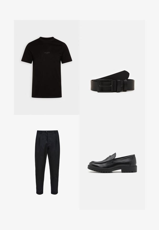 Schwarzes T-Shirt mit kurzen Ärmeln aus Baumwolle, mit Rundhalsausschnitt und einem dezenten Frontlogo auf der Brust, das "GUESS EST. 1981" zeigt.; Schwarze Hose aus einem glatten Stoff, mit einem gefalteten Vorderteil, schmalem Schnitt und umgeschlagenen Säumen. Einfache Knopfverschluss an der Taille.; Schwarze Lederloafers mit runder Zehenform, eleganter Schlupfdesign und dicker Gummisohle mit strukturiertem Griff. Erhöhter Absatz und dezente Nähdetails.; Schwarzledergürtel mit einer mattscharzen rechteckigen Metallschnalle und zwei Gürtelschlaufen auf weißem Hintergrund.