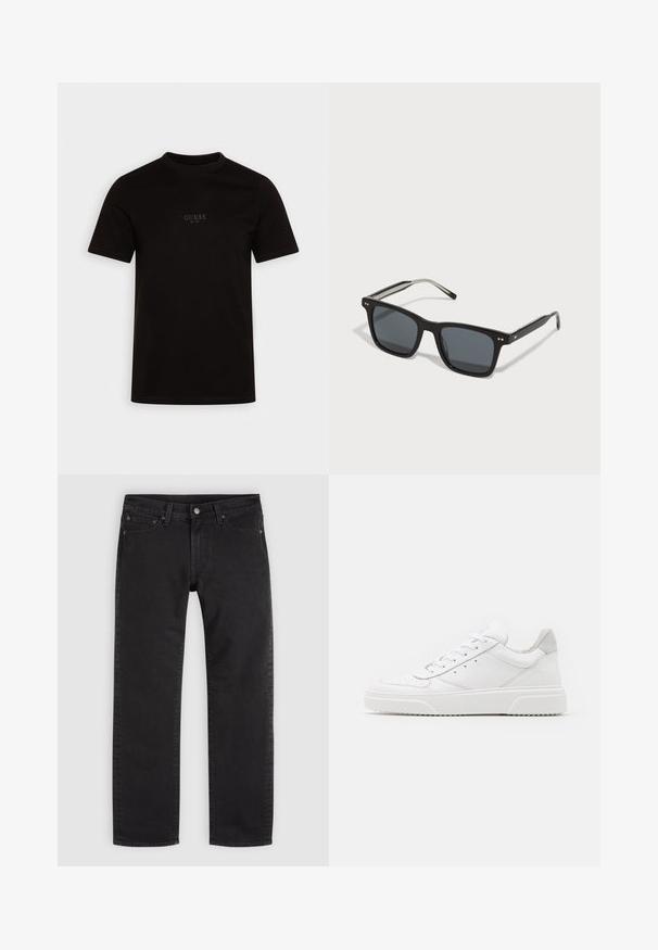 Schwarzes T-Shirt mit kurzen Ärmeln aus Baumwolle, mit Rundhalsausschnitt und einem dezenten Frontlogo auf der Brust, das "GUESS EST. 1981" zeigt.; Schwarze Jeans mit geradem Bein, vorderem Knopf und Reißverschluss, Gürtelschlaufen und Fünf-Taschen-Design auf schlichtem hellem Hintergrund.; Weiße Leder-Sneaker mit glatter Oberfläche, rundem Zehenbereich, flachen Schnürsenkeln und strukturiertem Schuhsohlen. Graues Wildleder-Detail an der Ferse.; Schwarze quadratische Sonnenbrillen mit dunklen Gläsern, Kunststoffrahmen, metallischen Akzenten und dem charakteristischen Logo am Bügel. Elegantes Design mit modernem Aussehen.