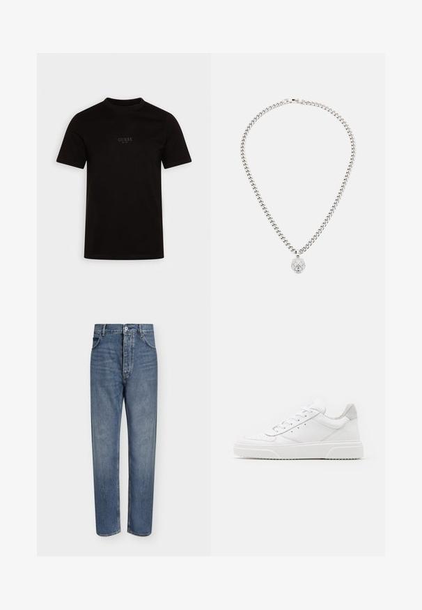 Schwarzes T-Shirt mit kurzen Ärmeln aus Baumwolle, mit Rundhalsausschnitt und einem dezenten Frontlogo auf der Brust, das "GUESS EST. 1981" zeigt.; Gerade geschnittene blaue Jeans aus Denim mit hoher Taille, Frontknopfverschluss und Fünf-Taschen-Design auf einem schlichten hellen Hintergrund.; Weiße Leder-Sneaker mit glatter Oberfläche, rundem Zehenbereich, flachen Schnürsenkeln und strukturiertem Schuhsohlen. Graues Wildleder-Detail an der Ferse.; Silberne Kettenhalskette mit einem Löwenkopf-Anhänger, der über kunstvolle Details, funkelnde Akzente und ein klassisches Glieddesign verfügt.