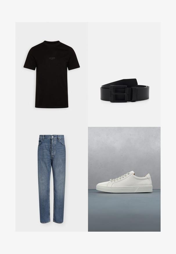 Sort kortærmet t-shirt lavet af bomuld, med rund halsudskæring og et logo på forsiden af brystet med "GUESS EST. 1981" i et diskret design.; Straight-leg blå denim jeans med høj talje, frontknaplukning og fem-lomme design på en ensartet lys baggrund.; Hvid lædersneaker med rund tå, minimalistisk design, grå snørebånd og en tekstureret grå gummisål. Subtile syningsdetaljer er synlige.; Sort læderbælte med mat finish, der har en rektangulær metalspænde og en glat overflade. Enkel design uden mønstre eller accenter.