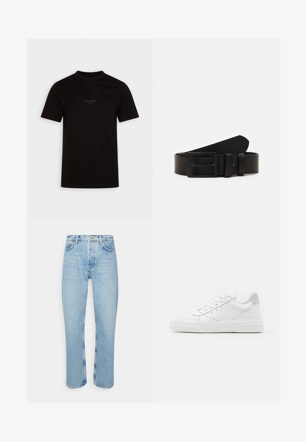 Sort kortærmet t-shirt lavet af bomuld, med rund halsudskæring og et logo på forsiden af brystet med "GUESS EST. 1981" i et diskret design.; Lyseblå denimjeans med lige snit, høj talje, fem-lomme design og synlige strikdetaljer ved sømmene og sømmen.; Hvide lædersneakers med en glat finish, rund tå, flade snørebånd og en struktureret sål. Grå ruskindsdetalje ved hælen.; Sort læderbælte rullet med en mat sort rektangulær metalspænde og to bæltesløjfer på en hvid baggrund.