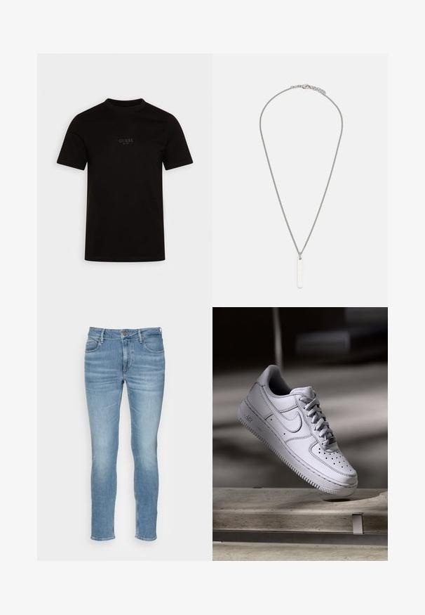 Schwarzes T-Shirt mit kurzen Ärmeln aus Baumwolle, mit Rundhalsausschnitt und einem dezenten Frontlogo auf der Brust, das "GUESS EST. 1981" zeigt.; Hellblaue Denim-Jeans mit mittelhohem Bund, schlanker Passform, fünf Taschen-Design und dezentem Verblassen des Stoffs. Mit einem Reißverschluss.; Weißer Nike Air Force 1 Sneaker aus Leder mit perforierter Zehenpartie, flachen Schnürsenkeln und strukturierter Gummisohle mit "AIR"-Branding an der Seite.; Silberne Kettenhalskette mit einem rechteckigen Anhänger mit glatter, polierter Oberfläche. Die Kette hat ein strukturiertes Design für zusätzlichen Detailreichtum.
