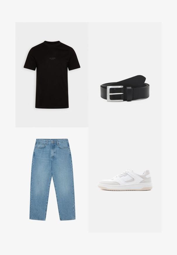 T-shirt noir à manches courtes en coton, avec un col rond et un logo sur la poitrine avant avec "GUESS EST. 1981" dans un design subtil.; Jean en denim bleu clair avec une coupe droite, design cinq poches et une texture légèrement délavée. Dispose d'une fermeture à bouton et à glissière.; Baskets basses blanches et beige clair avec fermeture à lacets, col matelassé et semelle en caoutchouc sur un fond clair uni.; Ceinture en cuir noir avec une texture lisse, boucle rectangulaire en argent et une boucle pour l'extrémité. Présente des coutures soignées le long des bords.
