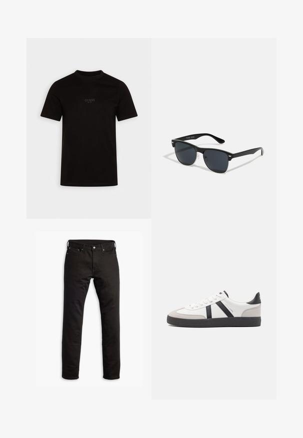 Schwarzes T-Shirt mit kurzen Ärmeln aus Baumwolle, mit Rundhalsausschnitt und einem dezenten Frontlogo auf der Brust, das "GUESS EST. 1981" zeigt.; Schwarze Denim-Jeans mit geradem Bein, Fronttaschen und Knopfverschluss. Der Stoff hat eine glatte Textur und minimale Details.; Weiße Sneaker mit schwarz- und grau-aczenten, ausgestattet mit einer strukturierten grauen Zehenkappe, schwarzer Gummi-Sohle und flachen weißen Schnürsenkeln. Sauberes Design, minimalistische Stil.; Schwarze Sonnenbrille mit rechteckiger Form, dunklen Gläsern, silbernen Akzenten an den Bügeln und mattierter Oberfläche des Rahmens.
