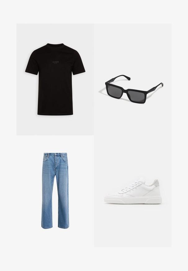 Schwarzes T-Shirt mit kurzen Ärmeln aus Baumwolle, mit Rundhalsausschnitt und einem dezenten Frontlogo auf der Brust, das "GUESS EST. 1981" zeigt.; Helle blaue Jeans im Geradeschnitt-Design, mit fünf Taschen, Knopfverschluss, minimaler Ausbleichung und kontrastierenden Nähdetails.; Weiße Leder-Sneaker mit glatter Oberfläche, rundem Zehenbereich, flachen Schnürsenkeln und strukturiertem Schuhsohlen. Graues Wildleder-Detail an der Ferse.; Schwarze Sonnenbrille mit rechteckigen Gläsern, mattem Finish, dickem Rahmen und schlanken Bügeln mit dezentem Branding-Detail.