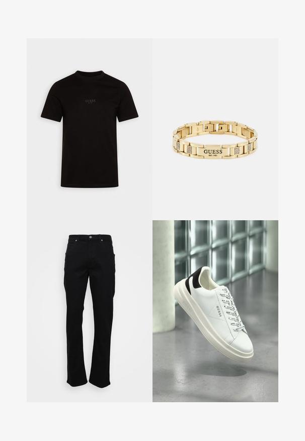 Sort kortærmet t-shirt lavet af bomuld, med rund halsudskæring og et logo på forsiden af brystet med "GUESS EST. 1981" i et diskret design.; Sorte lige ben jeans med forlommer, bæltestropper og en knaplukning på en hvid baggrund.; Hvid og sort GUESS sneaker med mærkede snørebånd, svævende over et grå gulv nær en væg af glasblokke og en cylinderformet søjle.; Guldtonet armbånd med sammenflettede led, mærket med "GUESS EST.1981" og pyntet med skinnende sten mellem nogle led.
