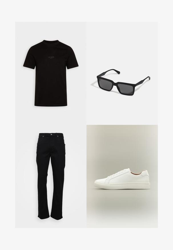 Schwarzes T-Shirt mit kurzen Ärmeln aus Baumwolle, mit Rundhalsausschnitt und einem dezenten Frontlogo auf der Brust, das "GUESS EST. 1981" zeigt.; Schwarze gerade Jeans mit Fronttaschen, Gürtelschlaufen und einem Knopfverschluss auf einem weißen Hintergrund.; Weißer Sneaker mit niedrigem Schaft, Schnürverschluss und flacher Sohle, seitlich auf neutralem Hintergrund gezeigt.; Schwarze Sonnenbrille mit rechteckigen Gläsern, mattem Finish, dickem Rahmen und schlanken Bügeln mit dezentem Branding-Detail.