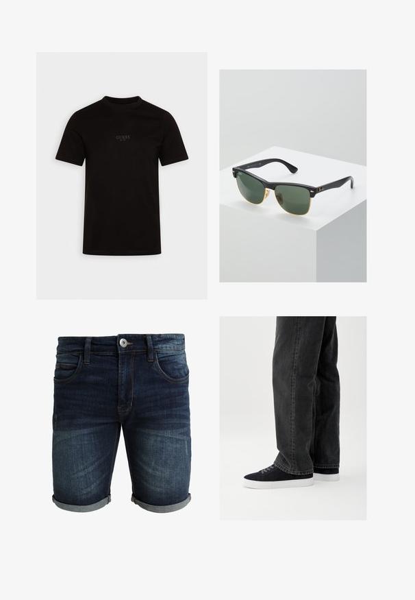 Schwarzes T-Shirt mit kurzen Ärmeln aus Baumwolle, mit Rundhalsausschnitt und einem dezenten Frontlogo auf der Brust, das "GUESS EST. 1981" zeigt.; Dunkelblaue Jeansshorts mit einer verblassten Waschung. Merkmale sind ein Knopfverschluss, Fronttaschen und umgeschlagene Säume. Naht in Beige.; Schwarze Jeans aus Denim mit lockerem Schnitt, kombiniert mit marineblauen Wildleder-Sneakern mit weißen Gummisohlen und schwarzen Schnürsenkeln. Einfaches und modernes Design.; Ray-Ban Sonnenbrillen mit grünen Gläsern, schwarzen Kunststoffrahmen und goldenen Akzenten an den Rändern. Quadratische Form mit matter Oberfläche.