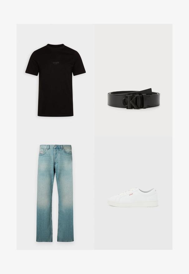 Sort kortærmet t-shirt lavet af bomuld, med rund halsudskæring og et logo på forsiden af brystet med "GUESS EST. 1981" i et diskret design.; Lyseblå cowboybukser i denim med en falmet vask, lige ben, fem-lomme design og knaplukning. Har kontrastsyninger som detalje.; Hvid lav sneaker med hvide snørebånd, tyk sål og lille rød "HUGO"-logo på siden og baghælen.; Sort læderbælte med en glat finish, rund spænde med prægede 'CK' logo og justerbar længde. Simpelt og klassisk design.