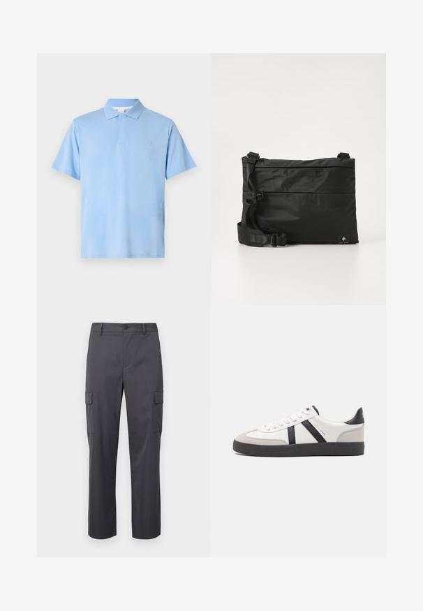 Polo shirt azul claro de algodón, con un cuello clásico, mangas cortas y un sutil logo en el pecho. Textura suave.; Pantalones cargo de color gris carbón hechos de tela suave, con un diseño de pierna recta, dos bolsillos laterales y un cierre de botón en la cintura.; Zapatilla blanca con acentos en negro y gris, que presenta una puntera texturizada en gris, suela de goma negra y cordones planos blancos. Diseño limpio, estilo minimalista.; Bolso mensajero de nylon negro con correa ajustable, diseño plano y una etiqueta lateral con un logo. Textura suave y estilo minimalista.