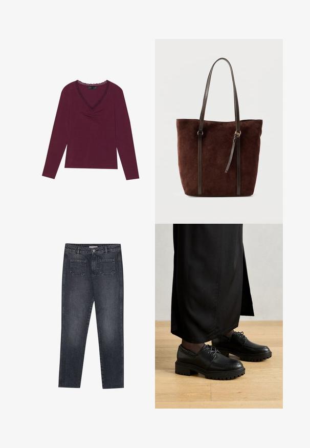 Langærmet, dyb burgundy top med V-halsudskæring og sort blondekant samt samlede detaljer foran. Blød tekstur, afslappet pasform.; Mørkegrå denim jeans med lige benpasform. Har to baglommer, knaplukning og bæltestropper. Subtil falmningstekstur.; Sorte lædersko med rund tå, tyk gummisål og snørebånd. Designet har dekorativ syning langs overdelen.; Mørkebrun ruskindstaske med lange slanke læderhåndtag og en lille læderkvast på en glat baggrund.