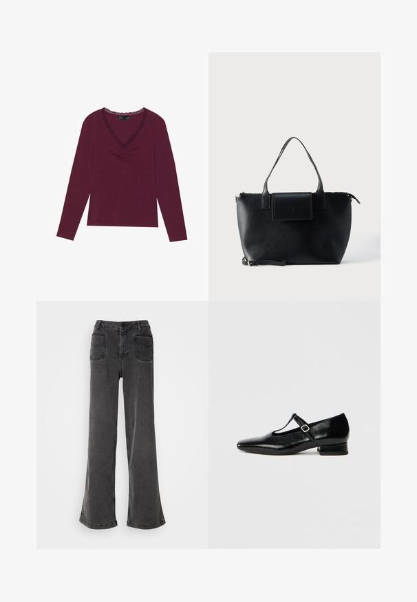 Langærmet, dyb burgundy top med V-halsudskæring og sort blondekant samt samlede detaljer foran. Blød tekstur, afslappet pasform.; Høj talje, brede ben sorte jeans lavet af denim, med knaplukning, bæltestropper og to baglommer med syninger.; Sorte Mary Jane-sko i læder med spids tå, lille blokhæl og justerbar rem med sølvspænde. Glat, blank tekstur.; Sort lædertaske med to håndtag, en aftagelig rem, magnetisk flaplukning og en glat overflade. Lynlåslukning øverst og dekorative syninger.