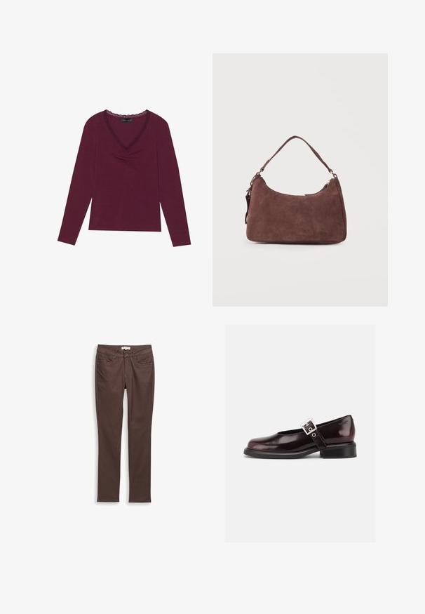 Top de manga larga en burdeos profundo con escote en V, presenta un ribete de encaje negro y detalles fruncidos en el centro delantero. Textura suave, ajuste casual.; Pantalones slim-fit marrón oscuro con bolsillos frontales, lazos para cinturón y cierre de dos botones sobre un fondo blanco.; Zapato único Mary Jane brillante de color burdeos oscuro con correa ancha y hebilla plateada, tacón bloque bajo y punta redondeada sobre fondo blanco.; Bolso de hombro de ante marrón con un solo asa y cierre de cremallera, mostrado contra un fondo claro y liso.