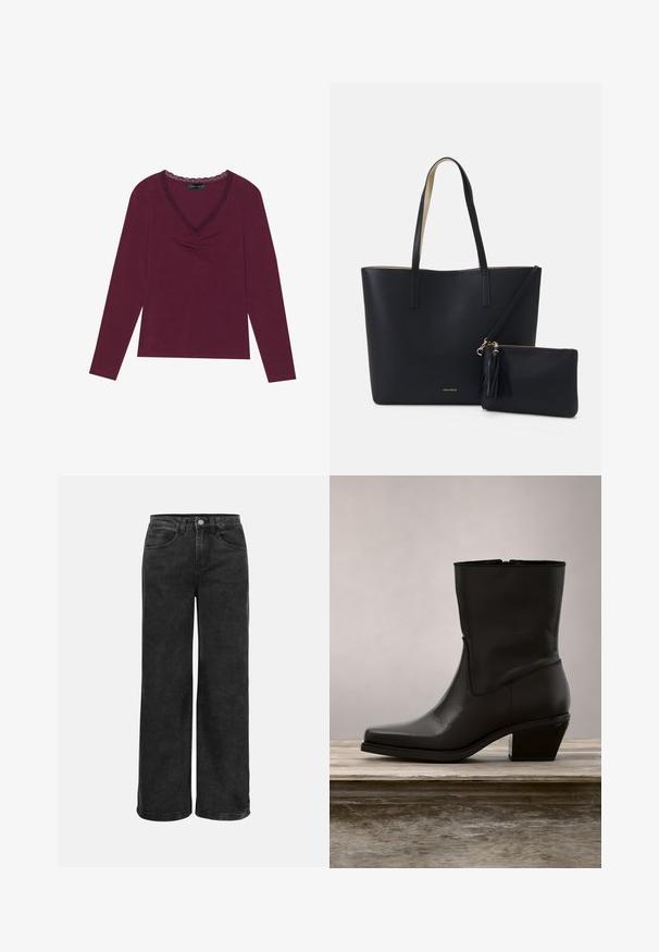 Langærmet, dyb burgundy top med V-halsudskæring og sort blondekant samt samlede detaljer foran. Blød tekstur, afslappet pasform.; Sorte wide-leg jeans i denim med høj talje, fem lommer og klassisk knaplukning. Glat tekstur med minimal falmning.; Sort læder ankelstøvle med spids tå, lav blokhæl, glat overflade og minimalistsk syning. Lynlåslukning synlig på bagsiden.; Sort tote taske med struktureret materiale, to lange håndtag og en aftagelig lynlåspose med en frynse-detalje. Guld mærkelogo synligt.