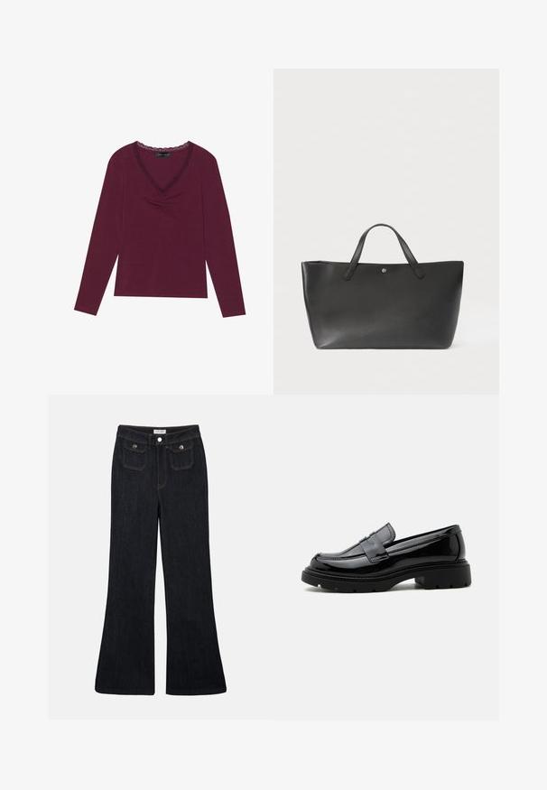 Langærmet, dyb burgundy top med V-halsudskæring og sort blondekant samt samlede detaljer foran. Blød tekstur, afslappet pasform.; Sorte denim jeans med høj talje, flared ben, to frontlommer og orange syninger. Materialet ser solidt og glat ud.; Sort skinnende læderloafer med kraftig sål og pennyrem, vist i sideprofil på en ensfarvet hvid baggrund.; Sort læder tote taske med to hanke, minimalistisk design, glat tekstur, med en lille metaldetalje i midten foran.