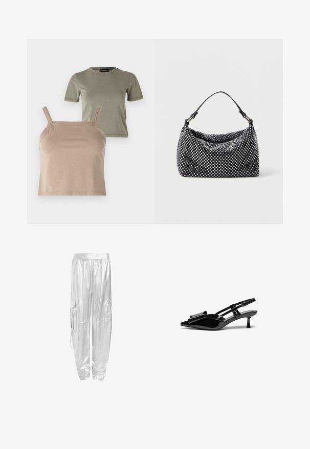 Deux hauts : un T-shirt à manches courtes de couleur vert olive et un débardeur beige raccourci avec des bretelles fines, tous deux en tissu doux en mélange de coton.; Pantalons cargo argentés avec une finition métallique brillante. Conçus avec une taille élastique et deux poches latérales pour plus de fonctionnalité.; Talons aiguilles en cuir verni noir avec un bout pointu, un détail en nœud à l'avant et un petit talon stiletto. Les brides sont équipées de boucles ajustables.; Sac noir et argent avec une surface tissée et texturée présentant des motifs carrés, une seule poignée supérieure et un design décontracté.