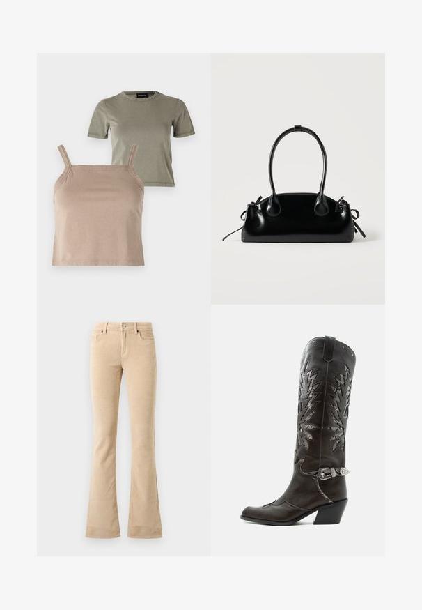 Deux hauts : un T-shirt à manches courtes de couleur vert olive et un débardeur beige raccourci avec des bretelles fines, tous deux en tissu doux en mélange de coton.; Pantalons en velours côtelé beige évasés avec une finition texturée, deux poches avant, une fermeture éclair et un bouton en métal argenté.; Botte de cowboy en cuir noir avec découpes décoratives, boucle argentée et talon incliné, présentée sur fond blanc.; Petit sac à main noir brillant avec deux longues anses et des détails à cordon sur les côtés sur un fond clair uni.