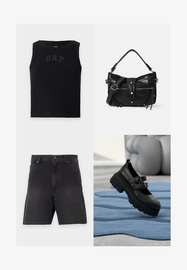 Sort ribbet tank top med rund halsudskæring, der har et kontrastfyldt sort "GAP" logo fortil. Ingen yderligere udsmykninger.; Sorte denimshorts med lige snit, der har en knaplukning, frontlommer og et tekstureret stof. Minimalistisk design uden synlige mønstre.; Sorte lædersko med dobbelte spænder og tykke, rillede såler. Skoen er placeret på et struktureret blåt tæppe.; Even&Odd H24462 - Håndtasker - black