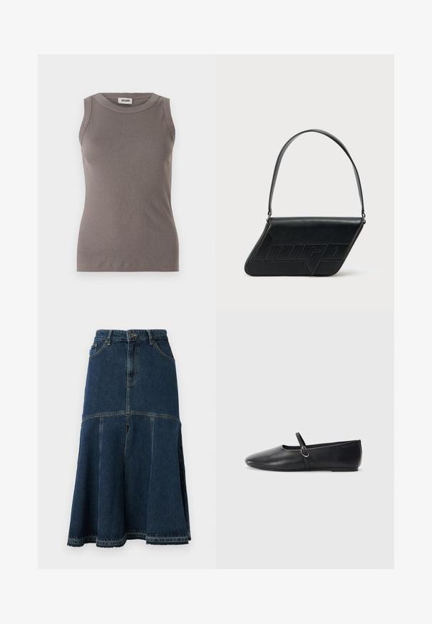 Débardeur gris côtelé avec un col rond et un design sans manches, fabriqué à partir d'un tissu doux et texturé. Silhouette simple et ajustée.; Jupe en denim bleu foncé à forme évasée, avec une taille haute, des poches avant et un ourlet brut. Texture usée et détails de couture.; Ballerines noires en cuir avec un bout pointu, une semelle plate et une petite sangle avec un détail de boucle en argent.; Sac d'épaule en cuir noir de forme triangulaire, avec un logo embossé et une seule bandoulière réglable. Design minimaliste avec une texture lisse.