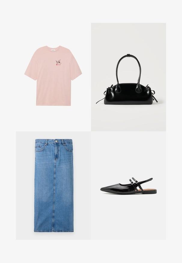 T-shirt en coton rose clair avec un graphisme de grue noire et des accents rouges, portant le mot "SAKURA". Coupe décontractée et col rond.; Jupe midi en denim bleu clair, avec une silhouette droite, une couture frontale, et une taille standard avec cinq passants de ceinture et une fermeture à bouton en métal.; Des chaussures slingbacks en cuir verni noir présentent un bout pointu, deux sangles avec des accents de boucle, et une semelle plate.; Petit sac à main noir brillant avec deux longues anses et des détails à cordon sur les côtés sur un fond clair uni.