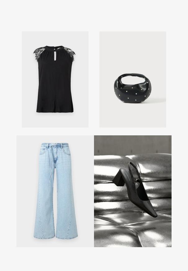 Blouse noire sans manches avec manches courtes en dentelle, encolure ronde avec découpe en forme de goutte, et fermeture par bouton au dos.; Jean denim bleu clair à jambes larges, avec poches avant, passants de ceinture et ceinture nouée ample à la taille sur un fond uni.; Escarpin noir à bride arrière avec bout pointu, présentant une surface texturée et un talon bloc épais. Posé sur un fond métallique brillant.; Sac à main en cuir noir de forme arrondie, décoré de clous argentés et équipé d'une poignée courte. Texture lisse et fermeture éclair.