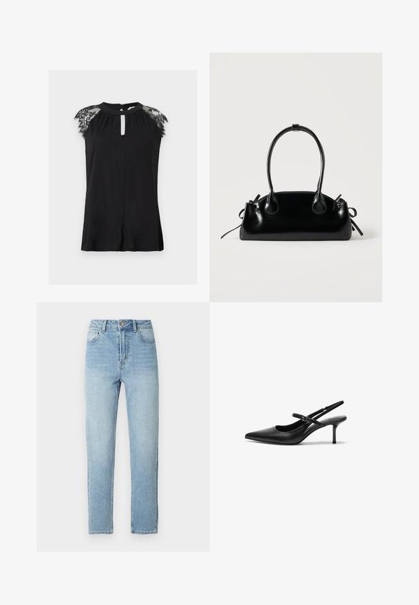 Blouse noire sans manches avec manches courtes en dentelle, encolure ronde avec découpe en forme de goutte, et fermeture par bouton au dos.; Jean en denim bleu clair de coupe droite, style cinq poches, fermeture par bouton en métal, avec un léger effet délavé sur le devant.; Talons aiguilles noires en cuir avec un bout pointu, une fine bride réglable, et un talon aiguille d'environ 5 cm, texture lisse.; Petit sac à main noir brillant avec deux longues anses et des détails à cordon sur les côtés sur un fond clair uni.